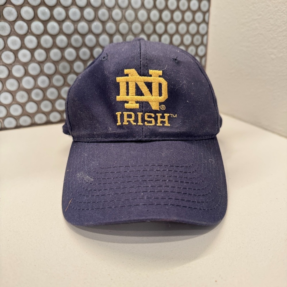 Vintage Notre Dame Hat Cap Blue Gold Irish Strap Back OSFM Logo Collage Adult